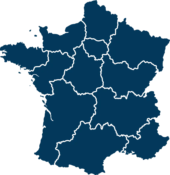 Carte de France montrant les différentes régions en bleu.